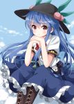  1girl blue_hair blue_skirt boots bow brown_footwear chin_rest commentary_request day food fruit hat highres hinanawi_tenshi leaf long_hair looking_at_viewer neck_bow peach petticoat puffy_short_sleeves puffy_sleeves red_bow red_eyes red_neckwear ruu_(tksymkw) shirt short_sleeves sidelocks skirt sky solo touhou white_shirt 