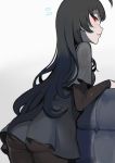  1girl ahoge ass bangs black_hair black_legwear copyright_request cowboy_shot dress from_behind grey_background grey_dress head_tilt long_hair long_sleeves looking_at_viewer looking_back pantyhose parted_lips red_eyes short_over_long_sleeves solo very_long_hair walzrj 