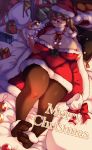  1girl blush breasts brown_eyes brown_hair christmas curvy erect_nipples glasses highres huge_breasts looking_at_viewer merry_christmas muroku_(aimichiyo0526) original pantyhose plump smile solo star thick_thighs thighs wide_hips 