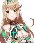  1girl blonde_hair blush breasts cleavage dress gloves highres mythra_(xenoblade) j@ck large_breasts long_hair looking_at_viewer simple_background solo white_background xenoblade xenoblade_2 