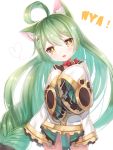  1girl :3 :d ahoge akashi_(azur_lane) animal_ears azur_lane bell bell_choker bow braid cat_ears choker commentary_request dolce_(dolsuke) green_hair hair_bow hair_ornament hair_ribbon hairpin highres long_hair looking_at_viewer low-tied_long_hair mole mole_under_eye open_mouth ribbon ribbon_choker screwdriver simple_background single_braid sleeves_past_wrists smile solo white_background wrench yellow_eyes 