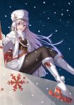  1girl azur_lane bangs belt black_legwear blush christmas coat commentary_request earmuffs enterprise_(azur_lane) enterprise_(reindeer_master)_(azur_lane) eyebrows_visible_through_hair floating_hair from_below gloves hat highres long_hair looking_at_viewer night night_sky open_mouth pom_pom_(clothes) rurukuru scarf silver_hair sitting skates sky smile snowflake_print snowing solo stuffed_deer underbust violet_eyes white_footwear white_gloves white_hat white_scarf winter winter_clothes winter_coat 