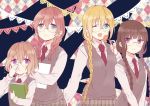  4girls amano_miu aqua_eyes blend_s blonde_hair book braid brown_hair candy food glasses hinata_kaho hoshikawa_mafuyu lollipop long_hair multiple_girls nakayama_miyuki necktie official_art one_eye_closed open_mouth redhead sakuranomiya_maika school_uniform sweater_vest twin_braids violet_eyes 