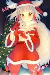  1girl ancolatte_(onikuanco) blush breasts brown_eyes christmas_ornaments christmas_tree envelope eyebrows_visible_through_hair gloves hat head_wings highres holding_envelope holding_sack japanese_crested_ibis_(kemono_friends) kemono_friends looking_at_viewer medium_breasts multicolored_hair parted_lips red_gloves red_hat red_legwear redhead sack santa_costume santa_hat short_hair solo thigh-highs two-tone_hair under_boob white_hair 