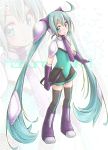  1girl absurdly_long_hair ahoge akino_coto aqua_eyes aqua_hair character_name elbow_gloves full_body gloves hatsune_miku headset highres kneeboots long_hair looking_at_viewer necktie skirt solo thigh-highs twintails very_long_hair vocaloid zoom_layer 
