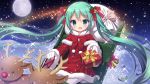  1girl :d aqua_eyes aqua_hair bell chitosezaka_suzu christmas earmuffs eyebrows_visible_through_hair floating_hair full_moon gift gloves hair_bell hair_ornament hatsune_miku long_hair looking_at_viewer moon night open_mouth reindeer sack santa_costume smile snow twintails very_long_hair vocaloid white_gloves 