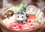  &gt;_&lt; 2girls ahoge ainu_clothes akitsushima_(kantai_collection) bandanna blue_eyes blue_headband cabbage chibi cropped_jacket folded_ponytail food gloves grey_hair hinata_yuu kamoi_(kantai_collection) kantai_collection long_hair looking_at_viewer meat minigirl multiple_girls mushroom open_mouth outstretched_arms pot side_ponytail sidelocks silver_hair smile steam sukiyaki thick_eyebrows upper_body white_gloves wrist_guards 