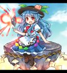&gt;:d 1girl black_hat blue_hair blue_skirt brown_footwear commentary_request food frilled_skirt frills fruit hat hat_leaf hinanawi_tenshi keystone letterboxed long_hair looking_at_viewer peach pote_(ptkan) puffy_short_sleeves puffy_sleeves red_eyes red_neckwear shirt short_sleeves sitting skirt solo stone touhou very_long_hair white_shirt