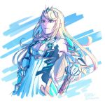  1girl armor blonde_hair breasts cleavage dress gloves mythra_(xenoblade) long_hair smile solo sword weapon white_background xenoblade xenoblade_2 yellow_eyes 