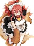  1girl animal_ears apron bell bell_collar bow breasts cat_hair_ornament cat_paws collar collarbone fangs fate/extra fate/grand_order fate_(series) fox_ears fox_tail gloves hair_bow hair_ornament hair_ribbon highres jingle_bell large_breasts maid_headdress open_mouth paw_gloves paw_shoes paws pink_hair ribbon shoes shunnyun simple_background solo tail tamamo_(fate)_(all) tamamo_cat_(fate) white_background yellow_eyes 