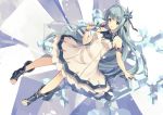  1girl allie_(granblue_fantasy) armlet bare_shoulders blue_eyes blue_hair boots dress flower full_body granblue_fantasy hair_ornament highres long_hair looking_at_viewer open_mouth pointy_ears rose sleeveless solo yoshino_ryou 