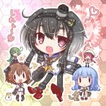  5girls :&lt; :d anchor anchor_symbol animal bangs beret binoculars black_hair black_legwear black_ribbon black_skirt black_vest blue_hair blue_legwear blue_skirt blush braid brown_eyes brown_footwear cannon chains closed_mouth commentary_request dog eyebrows_visible_through_hair fairy_(kantai_collection) fang flat_chest flower food gloves gradient_hair green_hair grey_hair hair_between_eyes hair_flower hair_ornament hair_ribbon hamster hat hatsukaze_(kantai_collection) headset heart holding holding_food honeycomb_(pattern) honeycomb_background kantai_collection kneehighs knitting komakoma_(magicaltale) loafers long_hair long_sleeves looking_at_viewer low_ponytail low_twintails multicolored_hair multiple_girls musical_note neckerchief on_head open_mouth pantyhose pigeon-toed pleated_skirt ponytail purple_hair quaver red_footwear ribbon rudder_shoes sailor_collar sailor_shirt seed shirt shoes short_hair_with_long_locks short_shorts short_sleeves shorts skirt sleeves_past_wrists smile smokestack solid_oval_eyes speaking_tube_headset squatting sunflower_seed thick_eyebrows thigh-highs tied_shirt tokitsukaze_(kantai_collection) translation_request turret twintails upper_teeth very_long_hair vest white_gloves white_hat white_legwear white_shirt white_shorts yarn_ball yellow_neckwear yukikaze_(kantai_collection) 