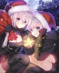  1boy 1girl blue_eyes blush breasts choker christmas cleavage dress gloves hairband hat highres long_sleeves looking_at_viewer mole mole_under_mouth nier_(series) nier_automata ninto santa_hat short_hair silver_hair smile white_hair yorha_no._2_type_b yorha_no._9_type_s 