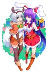  2girls alternate_costume aqua_eyes bare_shoulders breasts commentary_request fake_antlers hat highres ishimu konpaku_youmu large_breasts long_hair looking_at_viewer multiple_girls one_eye_closed open_mouth purple_hair red_eyes reisen_udongein_inaba santa_hat short_hair thigh-highs tongue tongue_out touhou very_long_hair white_hair 