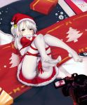  1girl absurdres alternate_costume b3b bdsm black_panties blue_eyes bondage bound camera dress fur_trim gloves hat headband highres kantai_collection long_hair lying on_back one_side_up panties panties_under_pantyhose pantyhose red_dress red_gloves red_hat santa_costume santa_hat silver_hair smile solo suzutsuki_(kantai_collection) underwear white_legwear 