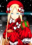  1girl abigail_williams_(fate/grand_order) alternate_color bangs black_background blonde_hair blue_eyes bow box butterfly christmas closed_mouth dress fate/grand_order fate_(series) forehead gift gift_box hair_bow hat highres holding holding_gift long_hair long_sleeves looking_at_viewer merry_christmas object_hug parted_bangs polka_dot polka_dot_bow red_bow red_dress red_hat sleeves_past_wrists snowflakes solo stuffed_animal stuffed_toy teddy_bear theerawat very_long_hair white_bow 