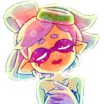  1girl bare_shoulders closed_eyes domino_mask earrings fangs food food_on_head hands_together hoop_earrings hotaru_(splatoon) jewelry lowres mask mike_inel mole mole_under_eye music object_on_head open_mouth pointy_ears singing sparkle_print splatoon splatoon_1 squid strapless strapless_dress tentacle_hair unitard 