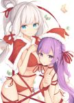  2girls azur_lane bangs bikini blue_eyes blurry blurry_background blush box breasts christmas closed_mouth commentary depth_of_field eyebrows_visible_through_hair front-tie_bikini front-tie_top fur-trimmed_capelet fur-trimmed_hat gift gift_box habu. hair_bun hair_ornament hair_ribbon hat high_ponytail highres illustrious_(azur_lane) large_breasts long_hair looking_at_viewer looking_to_the_side multiple_girls navel one_side_up parted_lips pom_pom_(clothes) ponytail purple_hair red_bikini red_capelet red_choker red_ribbon ribbon santa_bikini santa_hat side-tie_bikini side_bun silver_hair small_breasts smile swimsuit unicorn_(azur_lane) very_long_hair violet_eyes white_background 