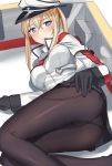  1girl ass black_gloves black_panties blonde_hair blue_eyes blush breasts brown_legwear capelet eyebrows_visible_through_hair feet_out_of_frame from_behind gloves graf_zeppelin_(kantai_collection) hair_between_eyes hat jacket kantai_collection large_breasts long_hair long_sleeves looking_at_viewer looking_back lying on_side pallad panties pantyhose parted_lips peaked_cap quad_tails solo underwear white_jacket 