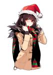  1girl absurdres bangs blunt_bangs blush brown_coat closed_mouth coat duffel_coat fur-trimmed_coat fur_trim girls_frontline hands_up hat highres inxst long_hair long_sleeves looking_at_viewer nose_blush purple_hair red_eyes red_hat santa_hat scarf simple_background solo striped striped_scarf tsurime wa2000_(girls_frontline) white_background 