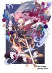  1boy absurdres arwin_scarlet astolfo_(fate) black_bow black_legwear boots bow braid cape christmas fang fate/apocrypha fate_(series) gauntlets hair_bow highres holding open_mouth pink_eyes pink_hair sheath sheathed single_braid smile sword thigh-highs trap weapon 