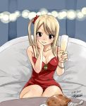  1girl blonde_hair breasts cleavage couch cup dated dress drinking_glass fairy_tail food hand_tattoo large_breasts looking_at_viewer lucy_heartfilia mashima_hiro meat parted_lips plate red_dress side_ponytail sitting smile solo tattoo wine_glass 