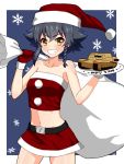  1girl bangs black_belt black_hair blue_background braid brown_eyes carro_veloce_cv-33 commentary_request cowboy_shot crop_top english eyebrows_visible_through_hair girls_und_panzer grin ground_vehicle hat highres holding looking_at_viewer merry_christmas microskirt midriff military military_vehicle model_tank motor_vehicle outside_border pepperoni_(girls_und_panzer) plate red_hat red_mittens red_shirt red_skirt ruka_(piyopiyopu) santa_costume santa_hat shirt short_hair side_braid skirt smile snowflake_background solo standing strapless tank v-shaped_eyebrows 