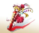  1girl absurdres ascot bangs breasts brown_background closed_mouth crayon flandre_scarlet full_body gradient gradient_background hat hat_ribbon highres licking_lips long_hair looking_down mob_cap red_eyes red_ribbon red_skirt ribbon shinapuu side_ponytail skirt skirt_set smile socks solo tongue tongue_out touhou vest white_background white_legwear 