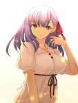  1girl black_ribbon blurry blush breasts closed_mouth dress fate/stay_night fate_(series) gradient gradient_background hair_ribbon hand_up long_hair looking_at_viewer matou_sakura medium_breasts mgk968 puffy_short_sleeves puffy_sleeves purple_hair red_ribbon ribbon short_sleeves smile solo tareme twitter_username upper_body violet_eyes white_dress yellow_background 