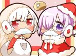  2girls altera_(fate) altera_the_santa blush bow bowtie capelet chibi commentary_request detached_sleeves earmuffs eyebrows_visible_through_hair eyelashes fake_mustache fate/grand_order fate_(series) fur_trim hair_over_one_eye hat highres jako_(jakoo21) looking_at_viewer mash_kyrielight multiple_girls one_eye_covered purple_hair red_capelet red_eyes red_hat santa_costume santa_hat sheep short_hair standing under-rim_eyewear veil violet_eyes white_hair white_neckwear 