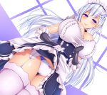  1girl artist_request azur_lane bangs belfast_(azur_lane) blue_eyes blush braid breasts chains cleavage collarbone eyebrows_visible_through_hair french_braid from_below garter_straps gloves huge_breasts long_hair looking_at_viewer looking_down maid maid_headdress panties silver_hair smile solo standing thigh-highs thighs underwear white_legwear 