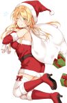  1girl ;q arm_warmers ayase_eli belt blonde_hair blue_eyes blush boots bow box christmas commentary_request dress dropping fur-trimmed_boots fur-trimmed_dress fur_trim gift gift_box hair_down hat high_heel_boots high_heels highres jumping knee_boots long_hair looking_at_viewer love_live! love_live!_school_idol_project mogu_(au1127) one_eye_closed over_shoulder red_bow red_dress red_footwear sack santa_costume santa_hat simple_background solo star thigh-highs tongue tongue_out torn_sack white_background white_legwear 