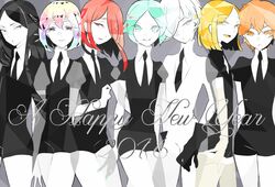  androgynous antarcticite black_eyes black_gloves black_hair black_neckwear black_shorts blonde_hair bort cojimama diamond_(houseki_no_kuni) elbow_gloves gem_uniform_(houseki_no_kuni) gloves green_eyes green_hair happy_new_year houseki_no_kuni long_hair multicolored_hair necktie new_year orange_eyes orange_hair phosphophyllite red_eyes redhead shinsha_(houseki_no_kuni) shirt short_hair short_sleeves shorts smile thigh-highs white_eyes white_hair white_shirt yellow_diamond_(houseki_no_kuni) yellow_eyes zircon_(houseki_no_kuni) 