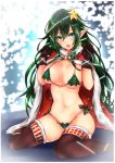  1girl :o aqua_eyes backlighting bikini black_gloves black_legwear blush breasts cape christmas cleavage elf fading_borders frofrofrost fur-trimmed_cape fur_trim gloves green_bikini green_hair hair_between_eyes hair_ornament hands_up large_breasts long_hair looking_at_viewer navel open_mouth original pointy_ears red_cape round_teeth shiny shiny_skin sidelocks sitting skindentation solo star star_hair_ornament stomach swimsuit teeth thigh-highs very_long_hair w_arms wariza 