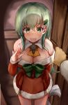  1girl absurdres against_wall aqua_eyes aqua_hair ascot bare_shoulders blush breasts cleavage detached_sleeves hair_ornament hairclip highres kantai_collection large_breasts long_hair looking_at_another looking_at_viewer okitsugu open_mouth pov santa_costume smile solo solo_focus suzuya_(kantai_collection) sweatdrop thighs wall_slam 