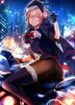  1girl artoria_pendragon_(all) ass black_gloves black_legwear blonde_hair building city_lights cityscape fate/grand_order fate_(series) fur_trim gloves ground_vehicle hat highres jacket looking_at_viewer motor_vehicle motorcycle pantyhose parted_lips saber_alter santa_alter santa_hat silly_(marinkomoe) skyscraper solo thigh-highs thumbs_up yellow_eyes 