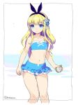  1girl alice_(wonderland) alice_in_wonderland artist_name bangs bikini blonde_hair blue_bikini blue_eyes closed_mouth eyebrows_visible_through_hair hair_ribbon hairband navel original pocket_watch ribbon sanbasou smile solo strapless strapless_bikini swimsuit watch wavy_hair 