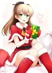  1girl :d alternate_costume belt belt_buckle box brown_hair buckle gift gift_box gloves green_eyes hat hat_removed headwear_removed heart kantai_collection kumano_(kantai_collection) long_hair mittens open_mouth pom_pom_(clothes) red_gloves rui_shi_(rayze_ray) santa_costume santa_hat smile solo 