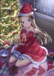  1girl abigail_williams_(fate/grand_order) absurdres bangs bare_shoulders black_bow blonde_hair bloomers blue_eyes blush bow box butterfly christmas christmas_ornaments christmas_stocking christmas_tree closed_mouth collarbone commentary_request curtains dress fate/grand_order fate_(series) forehead fur-trimmed_dress fur-trimmed_hat gift gift_box hair_bow hat highres indoors long_hair long_sleeves looking_at_viewer object_hug on_floor orange_bow parted_bangs red_dress red_hat santa_hat sitting sleeves_past_wrists smile snow_globe snowing solo strapless strapless_dress stuffed_animal stuffed_toy teddy_bear tobychou underwear very_long_hair wariza white_bloomers window 