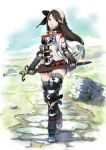  1girl agnes_oblige armor armored_boots boots bravely_default:_flying_fairy bravely_default_(series) brown_hair gauntlets gloves greaves holding holding_weapon shield shin_guards solo source_request sword thigh-highs weapon yoshida_akihiko zettai_ryouiki 