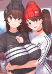  2girls adidas bangs beanie black_hat black_shirt breast_lift breasts brown_eyes brown_hair choker closed_mouth coffee coffee_cup denim drinking_straw eyebrows_visible_through_hair franham hair_between_eyes hand_on_own_chest hat highres hug huge_breasts indoors jeans jewelry kaga_(kantai_collection) kantai_collection long_hair looking_at_viewer multiple_girls navel open_mouth pants pink_lips red_choker red_hat ring ryuujou_(kantai_collection) self_shot shirt smile striped swept_bangs twintails upper_body wedding_band white_shirt 