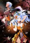  1boy 1girl blue_eyes blue_hair breasts cleavage commentary_request dress hairband long_hair maronee_san noel_(saga) outstretched_arm pants rocbouquet_(saga) romancing_saga_2 saga short_hair shoulder_pads spiky_hair 