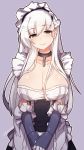  1girl apron azur_lane bangs belfast_(azur_lane) blue_gloves blush breasts chains cleavage closed_mouth collar commentary_request dress eyebrows_visible_through_hair gloves hair_between_eyes head_tilt highres large_breasts long_hair maid maid_apron maid_headdress metal_collar purple_background simple_background smile solo standing tilt-shift twitter_username upper_body v_arms very_long_hair violet_eyes waist_apron white_hair 