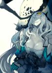  1girl breasts cleavage commentary_request entombed_air_defense_guardian_hime frown gloves hair_in_face hair_over_one_eye hood hood_up kantai_collection large_breasts long_hair long_sleeves shadow shinkaisei-kan sidelocks silver_hair solo upper_body walzrj white_background yellow_eyes 