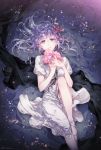 1girl commentary_request dress fate/stay_night fate_(series) flower hair_ribbon highres holding holding_flower knee_up looking_at_viewer looking_up lying matou_sakura on_back parted_lips petals purple_hair purple_ribbon ribbon solo white_dress zelovel 