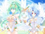  2girls bare_shoulders blue_hair breasts cleavage cleavage_cutout clouds cloudy_sky commentary_request cowboy_shot elbow_gloves energy_ball feathered_wings flower four_goddesses_online:_cyber_dimension_neptune gloves green_hair green_heart hair_flower hair_ornament halo holding holding_wand kagura_ittou large_breasts leotard long_hair looking_at_viewer magic_circle multiple_girls multiple_wings neptune_(series) open_mouth ponytail power_symbol red_eyes short_hair_with_long_locks sky small_breasts symbol-shaped_pupils very_long_hair violet_eyes wand white_heart white_leotard wings 