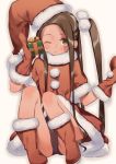  1girl amana_(pocketkey) black_leotard blush brown_eyes brown_hair capelet christmas closed_mouth forehead full_body fur_trim gift hair_bobbles hair_ornament half_updo hands_up hat highleg highleg_leotard highres holding holding_gift knees_up leotard long_hair looking_at_viewer mittens one_eye_closed one_side_up original reindeer santa_costume santa_hat sidelocks sitting smile solo thighs very_long_hair wavy_hair 