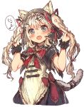  1girl :d animal_ears armlet banfs bell bell_collar blonde_hair blue_eyes blush bow bowtie camomi capelet cat_ears cat_tail collar dress ears_through_headwear frilled_bow frills hair hair_ornament hair_ribbon hairclip heart holding holding_hair long_hair open_mouth original red_bow red_neckwear red_ribbon ribbon simple_background smile solo speech_bubble tail tareme twintails upper_body white_background wrist_cuffs 