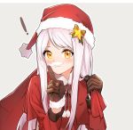  ! 1girl :3 bangs blush bobblehat brown_gloves carrying_over_shoulder closed_mouth dress eve_santaclaus eyebrows_visible_through_hair fake_mustache finger_to_mouth fpanda fur-trimmed_gloves fur-trimmed_hat fur_trim gloves grey_background hat idolmaster idolmaster_cinderella_girls index_finger_raised long_hair long_sleeves looking_at_viewer over_shoulder pink_hair pom_pom_(clothes) red_dress red_hat sack santa_costume santa_hat shushing simple_background solo swept_bangs upper_body yellow_eyes 
