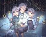  1boy 2girls :d age_difference blue_eyes brother_and_sister christmas gift highres kio_rojine multiple_girls open_mouth rwby sandwiched siblings sisters smile weiss_schnee white_hair whitley_schnee winter_schnee younger 